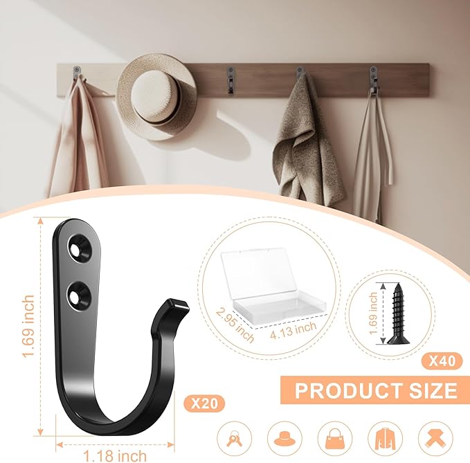 20PCS Wall Hooks for hanging, Metal Wall Hooks for Coats, Coat hooks for Wall, Heavy Duty Single Prong Wall Hooks With 40 Pieces Screws for Hanging Coats,Towel,Backpack,Hat, Dog Leashes,Coffee Mug