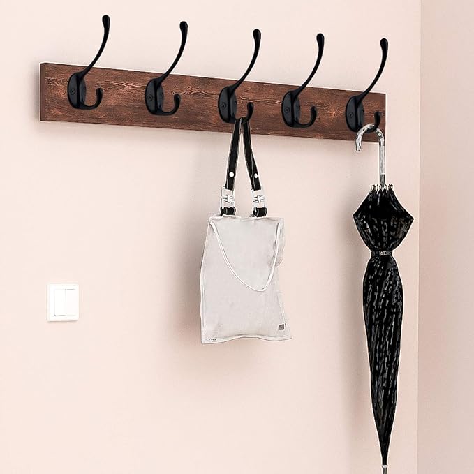 10 Pack Heavy Duty Dual Coat Hooks Wall Mounted with 40 Screws Retro Double Hooks Utility Black No Rust Hooks for Coat, Scarf, Bag, Towel, Key, Cap, Cup, Hat (Black)